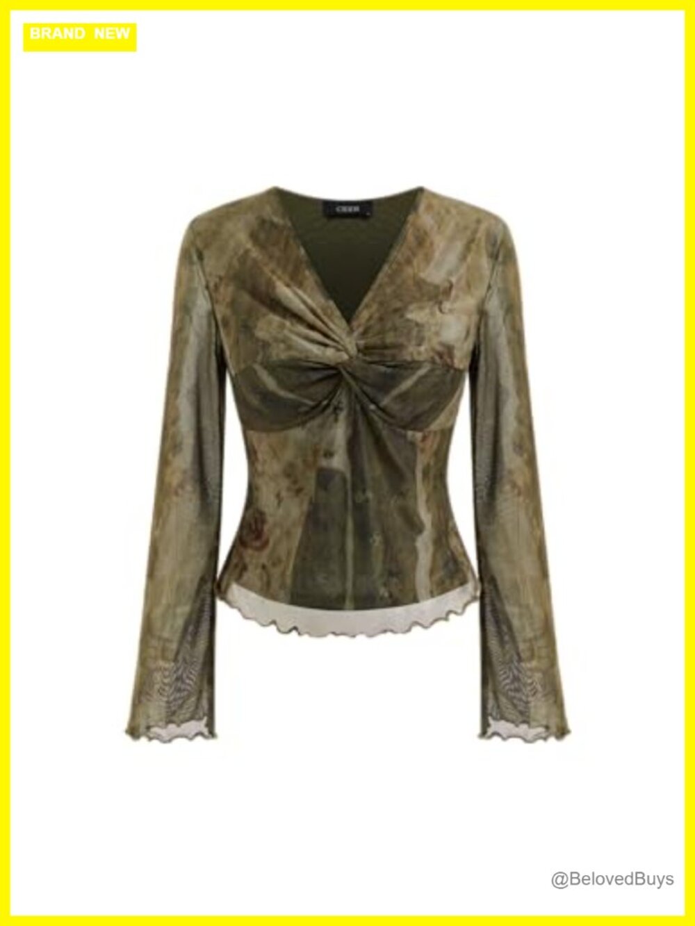 Mesh Long Sleeve V Neck Twist Front Blouse Sheer Trendy Going Out Top